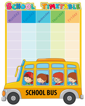 School timetable template with bus and kids