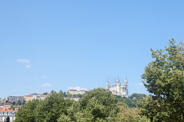 Panorama of Lyon. France, with a focus on Colline de Fourviere Hill with its Basilica, Notre Dame de Fourviere Basilica.  It is a Catholic minor basilica and a major landmark of Lyon