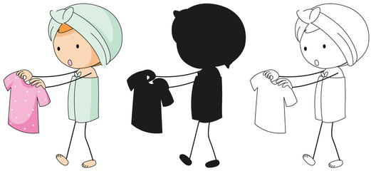 A set of characters in color, silhouette and outline