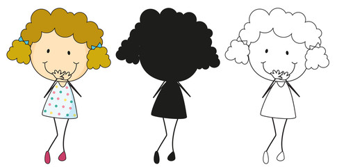 A set of characters in color, silhouette and outline