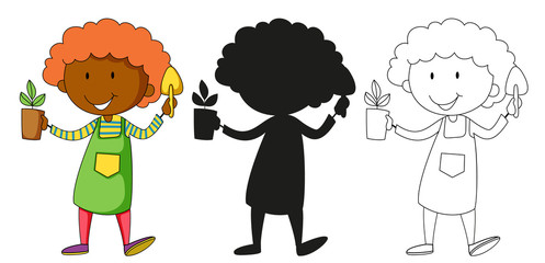 A set of characters in color, silhouette and outline