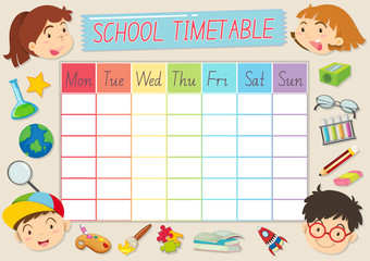 School timetable template with pupils and school supplies