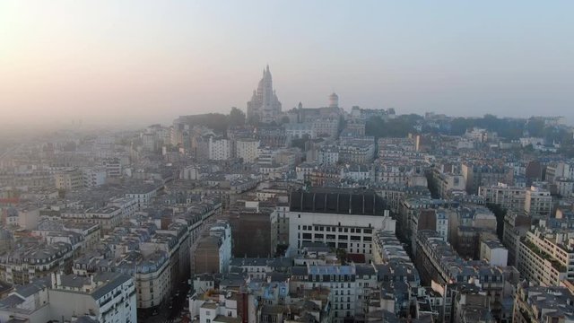 Aerial: Paris City Rooftops Towards Sacre-Cur Church, France