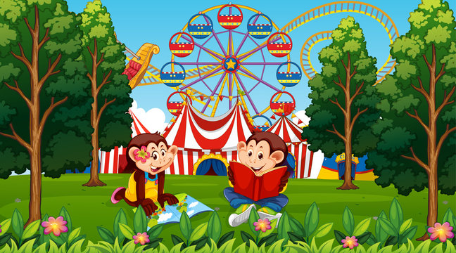 Children monkeys amusement park scene