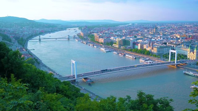 The view from Gellert Hill across the Danube River in Budapest, Hungary.