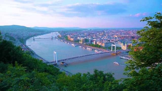 The view from Gellert Hill across the Danube River in Budapest, Hungary.