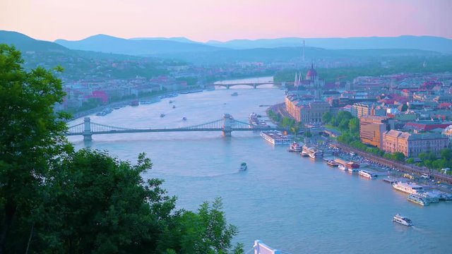 The view from Gellert Hill across the Danube River in Budapest, Hungary.