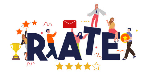 Rate teamwork together business team quality perfection. Five golden rating star illustration in white background.