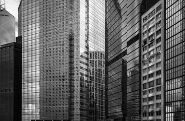 Fototapeta na wymiar Hong Kong Commercial Building Close Up; Black and White style
