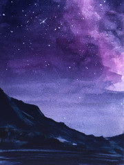 Abstract night landscape. Dark outlines of mountain range against background of magnificent night sky with multi-colored flashes of starlight. Watercolor hand drawn illustration on paper texture.