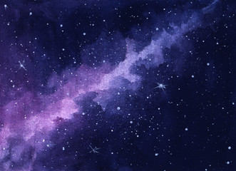 Marvelous night sky with blurred path of milky way and sparkling stars. Purple vague gradient and white stains on dark blue background. Watercolor hand drawn illustration. Abstract space background.