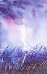 Fototapeta premium Night landscape with bright lightning in a clear field during a thunderstorm.Watercolor illustration