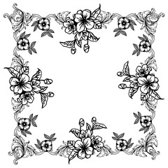 Beauty leaves and flower frame in black and white colors, for ornate of card. Vector