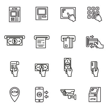 ATM Related icons set on white background. Line Style stock vector.