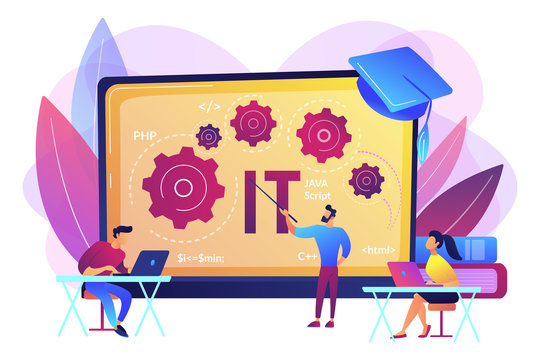 Software development. Programming, coding learning. Information technology courses, IT courses for all levels, computing and hi tech course concept. Bright vibrant violet vector isolated illustration