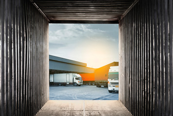 Freight transportation. Logistic concept Internal view an empty container shipping, truck docking...