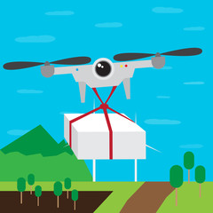 Flying drone delivering a box over a field - Vector