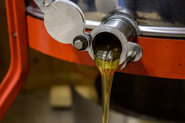 extracting honey, honey flowing out of centrifuge into a sieve hanging in a bucket