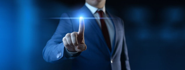 Businessman pressing button. Innovation technology internet business concept. Space for text