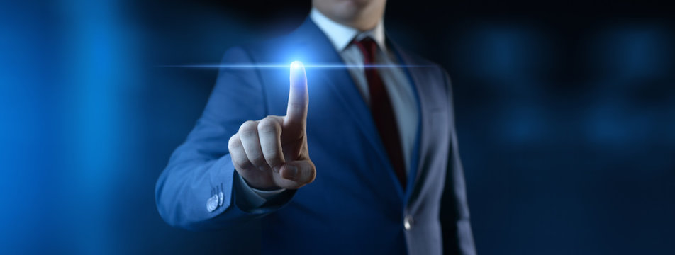 Businessman pressing button. Innovation technology internet business concept. Space for text - Powered by Adobe