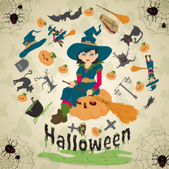 illustration of_1_all saints eve, Halloween, circular ornament at the corners of the web with spiders drawings in the circle placed randomly