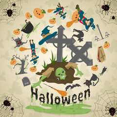 illustration of_5_all saints eve, Halloween, circular ornament at the corners of the web with spiders drawings in the circle placed randomly