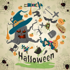 illustration of_9_all saints eve, Halloween, circular ornament at the corners of the web with spiders drawings in the circle placed randomly