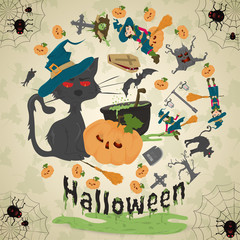 illustration of_13_all saints eve, Halloween, circular ornament at the corners of the web with spiders drawings in the circle placed randomly