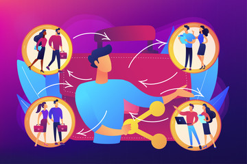Job interview, vacancy candidates. Social networking, workflow. Employee sharing, new forms of employment, strategic employment sharing concept. Bright vibrant violet vector isolated illustration