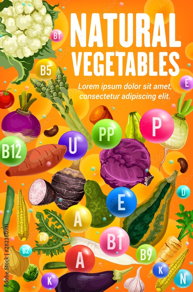 Wall mural Vitamins in tomato, bean, carrot, corn vegetables