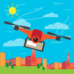 Flying drone delivering a box over a city - Vector