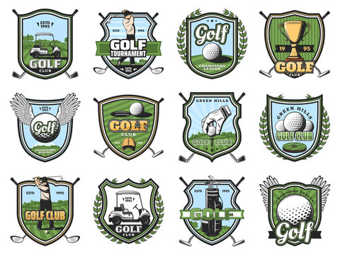 Golf sport balls, clubs and golfers, trophy, tee