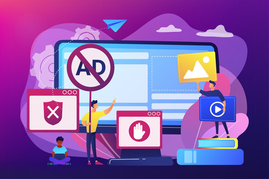 Programmer developing anti virus program. Banned Internet content. Ad blocking software, removing online advertising, ad filtering tools concept. Bright vibrant violet vector isolated illustration