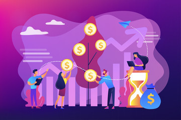 Money investing, financiers analyzing stock market profit. Portfolio income, capital gains income, royalties from investments concept. Bright vibrant violet vector isolated illustration