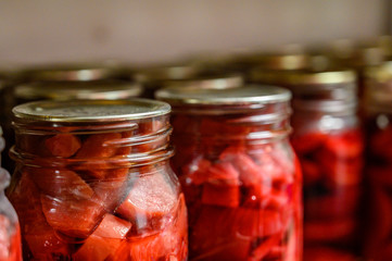 canned beats preserved in glass jars with metal lids