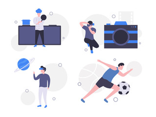 Bundle of people do their work - Chef, photographer, IT multimedia, Soccer Football player. Flat vector illustration.