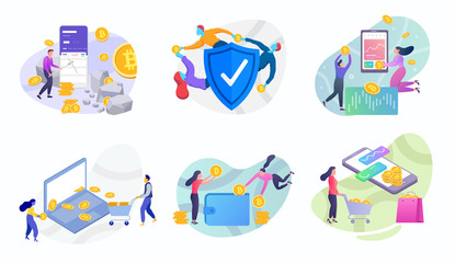 Online mining Trading crypto currency vector flat illustration. Modern data analysis, finance statistic, data come out from phone, flat style illustration 