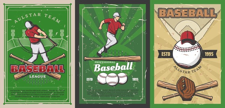 Baseball sport players, balls and bats on stadium