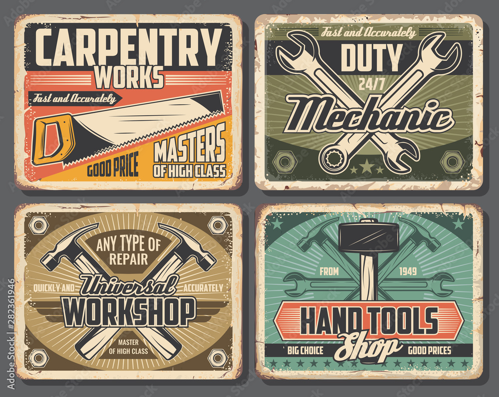 Wall mural hand tools, hammers, spanners, saw and wrenches