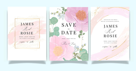 Fototapeta premium Summer Flower Wedding Invitation set, floral invite thank you, rsvp modern card Design in Pink peony and white floral with leaf greenery branches decorative Vector elegant rustic template