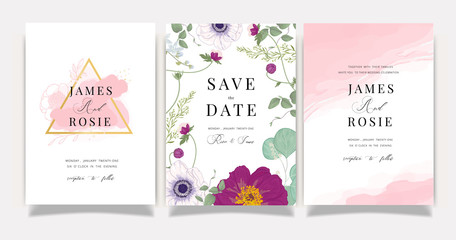 Summer Flower Wedding Invitation set, floral invite thank you, rsvp modern card Design in Pink peony and white  floral with leaf greenery  branches decorative Vector elegant rustic template