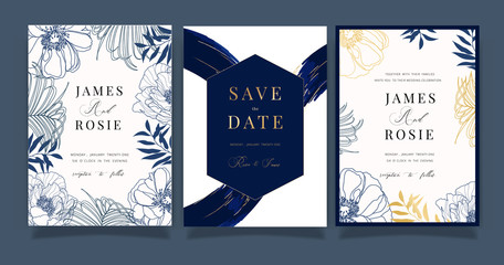 Navy Blue Luxury Wedding Invitation, floral invite thank you, rsvp modern card Design in white flower with  leaf greenery  branches decorative Vector elegant rustic template