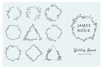 set of hand drawn design wedding logo and banner elements