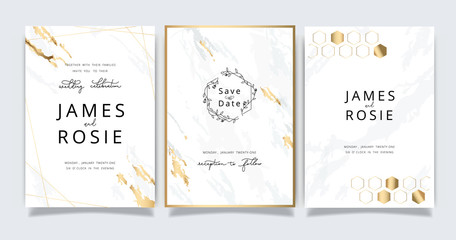 White marble Wedding invitation, RSVP, thank you cards. Vector elegant rustic template. Swirls of marble or the ripples of agate. Liquid marble texture and Golden metallic. Fluid art. 