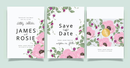 Fototapeta na wymiar Summer Flower Wedding Invitation set, floral invite thank you, rsvp modern card Design in Pink peony and white floral with leaf greenery branches decorative Vector elegant rustic template