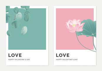 Minimalist botanical valentine greeting card template design, Pilea peperomioides plant on green and lotus on pink