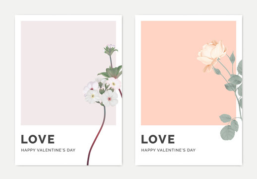 Minimalist botanical valentine greeting card template design, Woolly rock jasmine on light purple and rose on light red