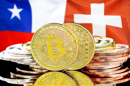 Concept for investors in cryptocurrency and Blockchain technology in the Chile and Switzerland. Bitcoins on the background of the flag Chile and Switzerland.