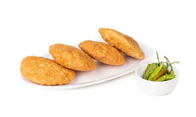 Indian Popular Spicy Snack Kachori Also Know as Kachodi, Katchuri And Fried Dumpling on White Background