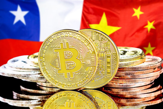 Concept for investors in cryptocurrency and Blockchain technology in the Chile and China. Bitcoins on the background of the flag Chile and China.